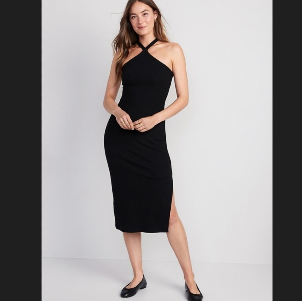 NWT Old Navy Halter Tied Criss-Cross Black Ribbed Midi Dress Women's Size M